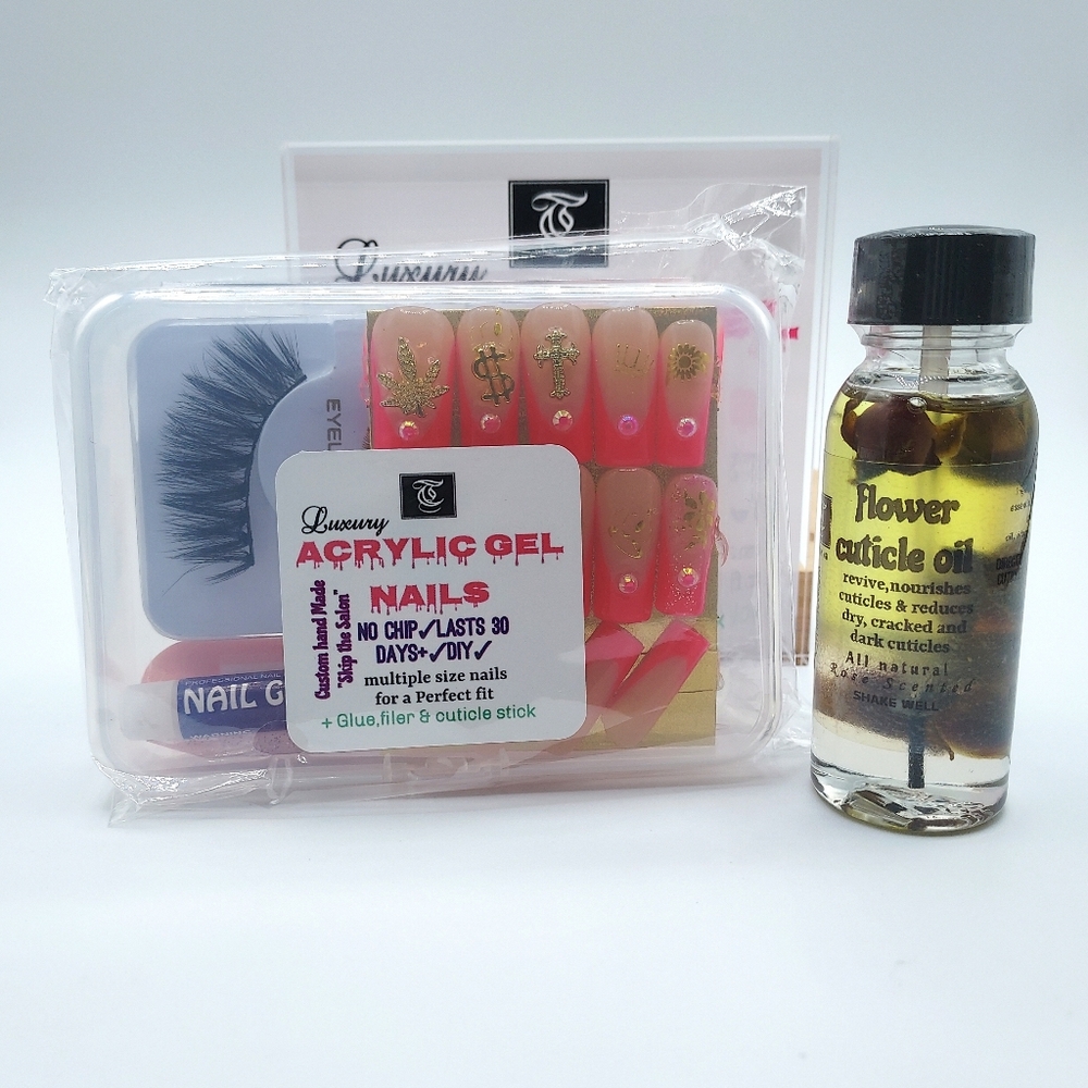 Acrylic Gel Nails with Eyelash Set+ Rose Cuticle Oil